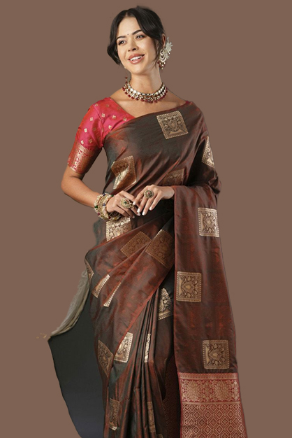 Banarasi Brown Saree With Pink Contrast Blouse Design