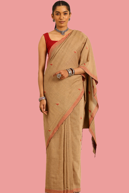 Cotton Brown Saree With Red Contrast Blouse Design