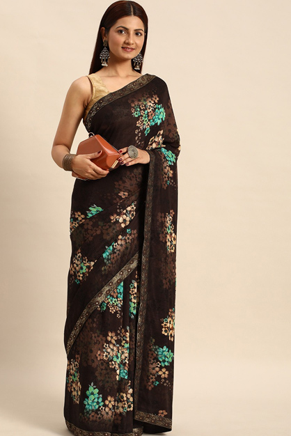 Georgette Brown Saree With Golden Contrast Blouse Design