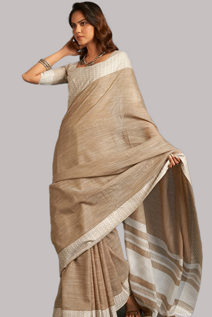 Linen Brown Saree With White Contrast Blouse Design