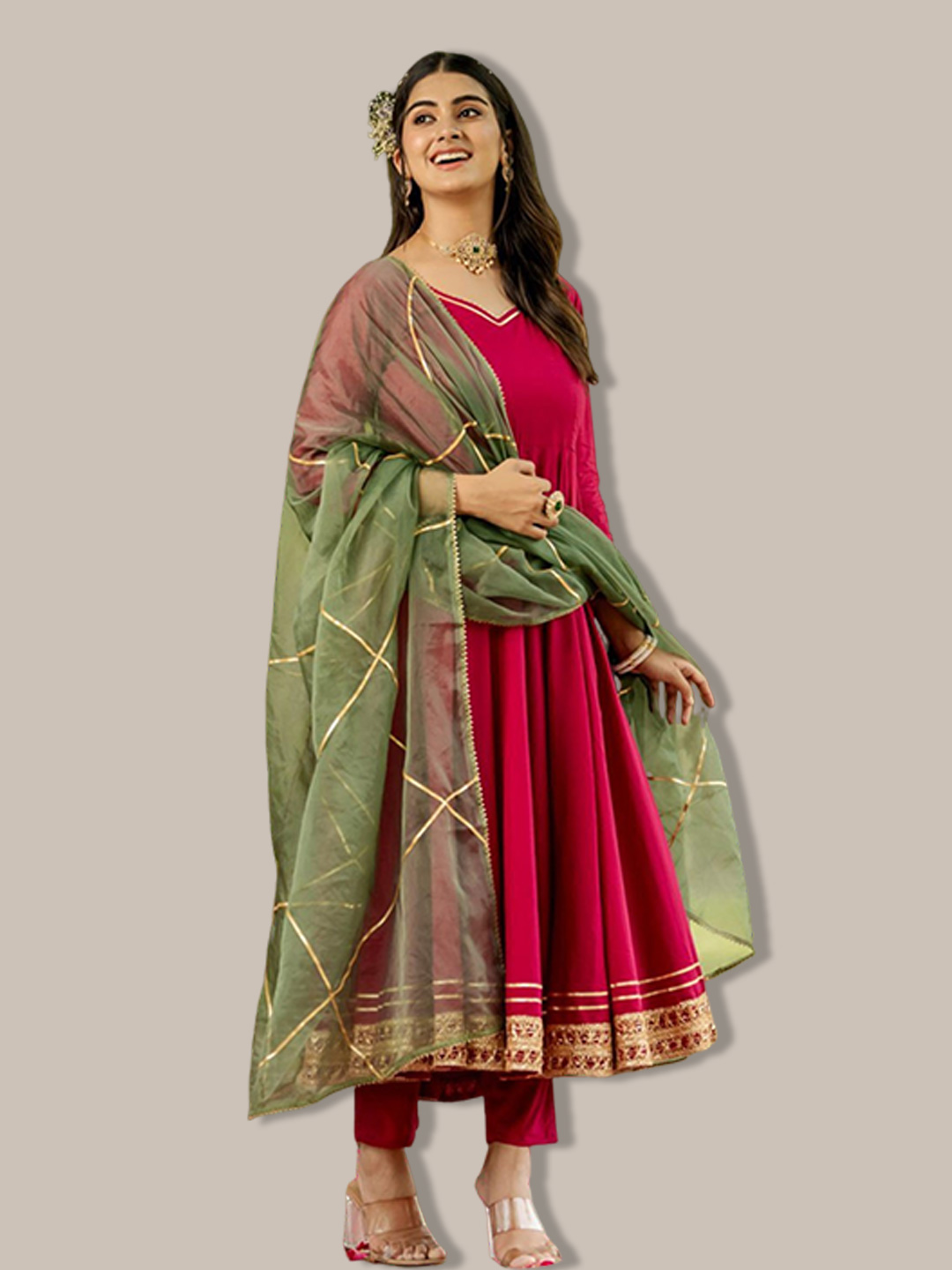 Pink Suit With Green Contrast Dupatta