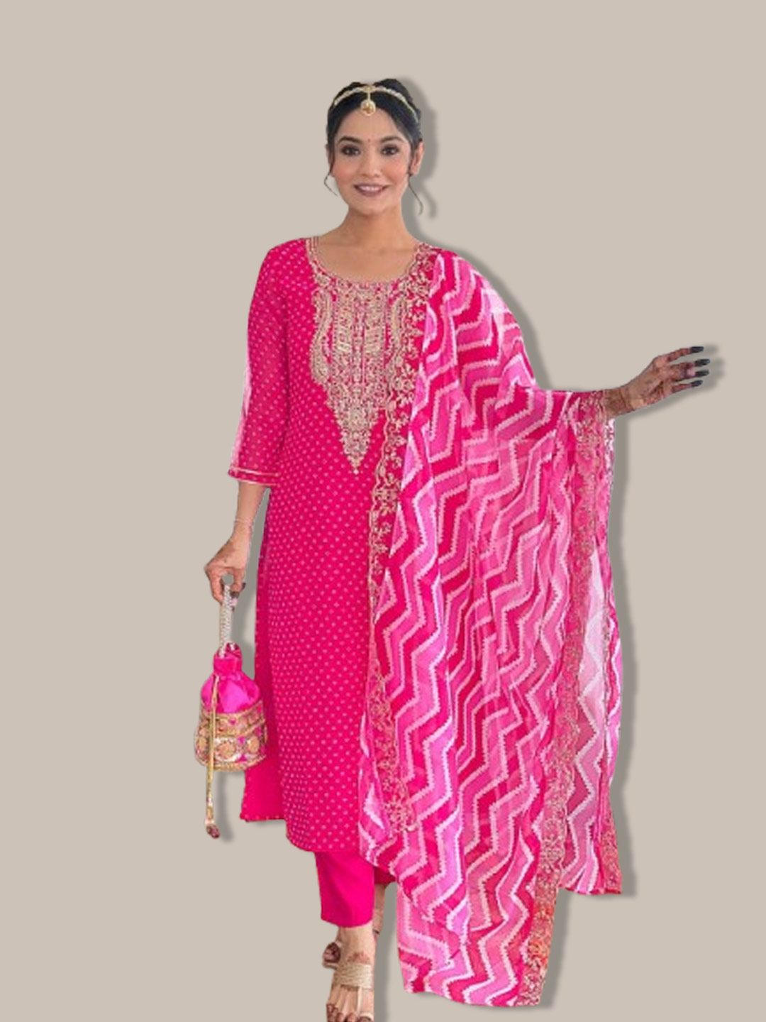 Pink Suit With Leheriya Contrast Dupatta