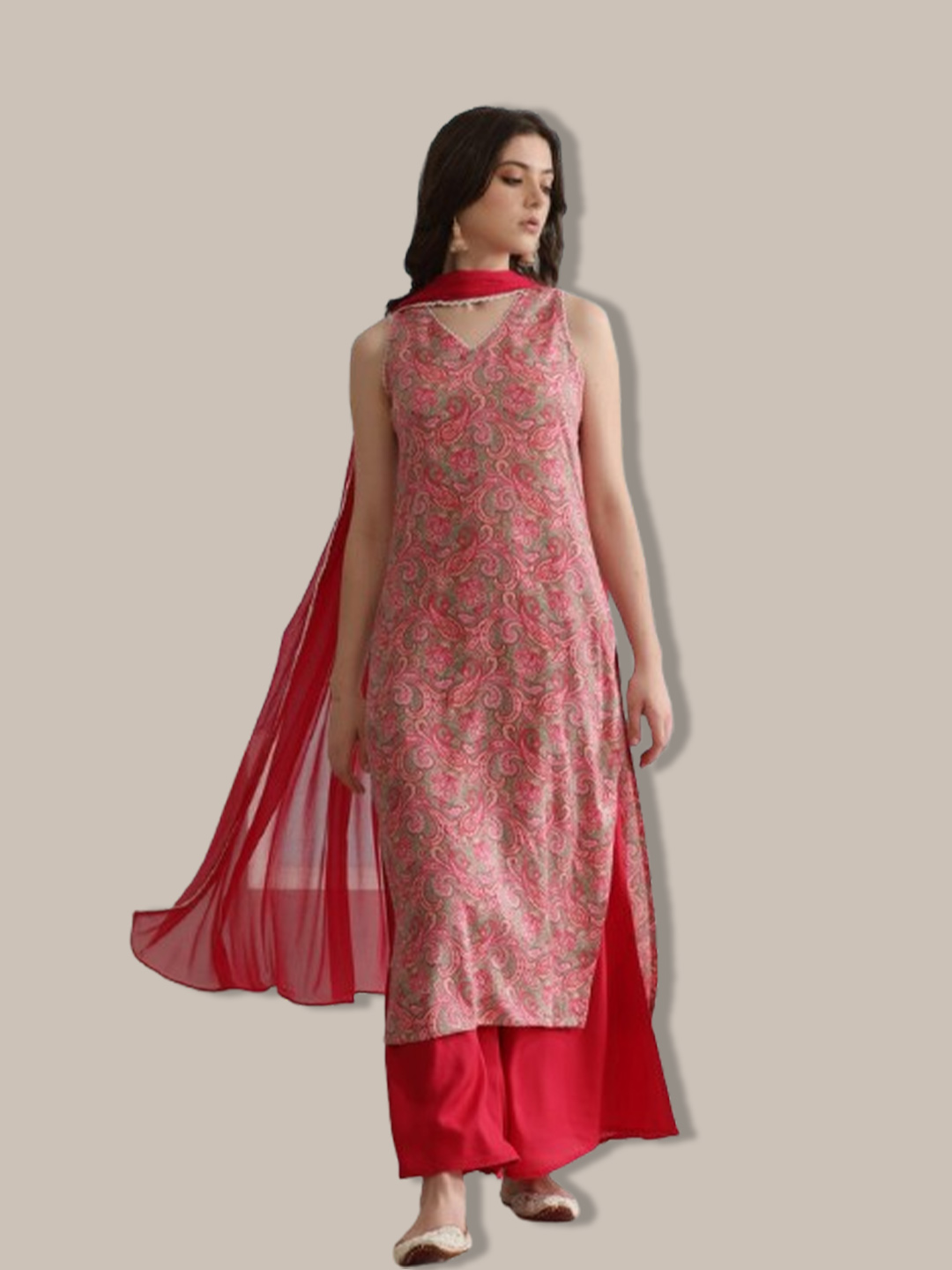 Pink Suit With Red Contrast Dupatta