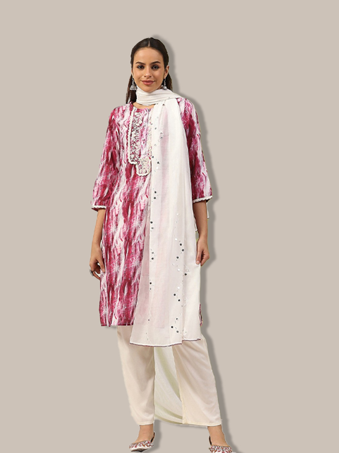 Pink Suit With White Contrast Dupatta