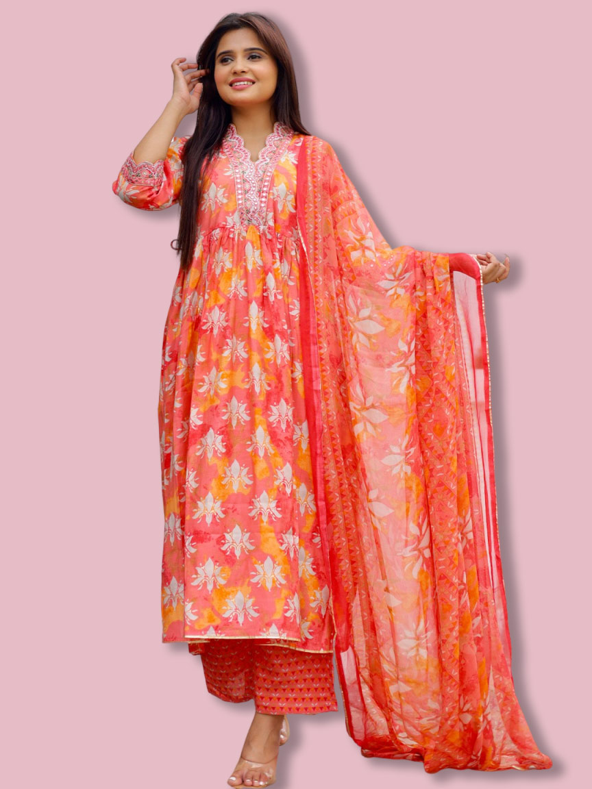 Floral Orange Suit With Contrast Dupatta Design