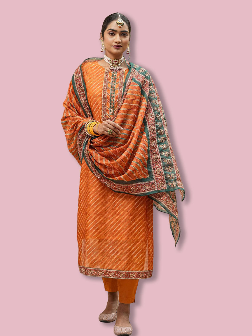 Leheriya Silk Orange Suit Contrast Dupatta Design