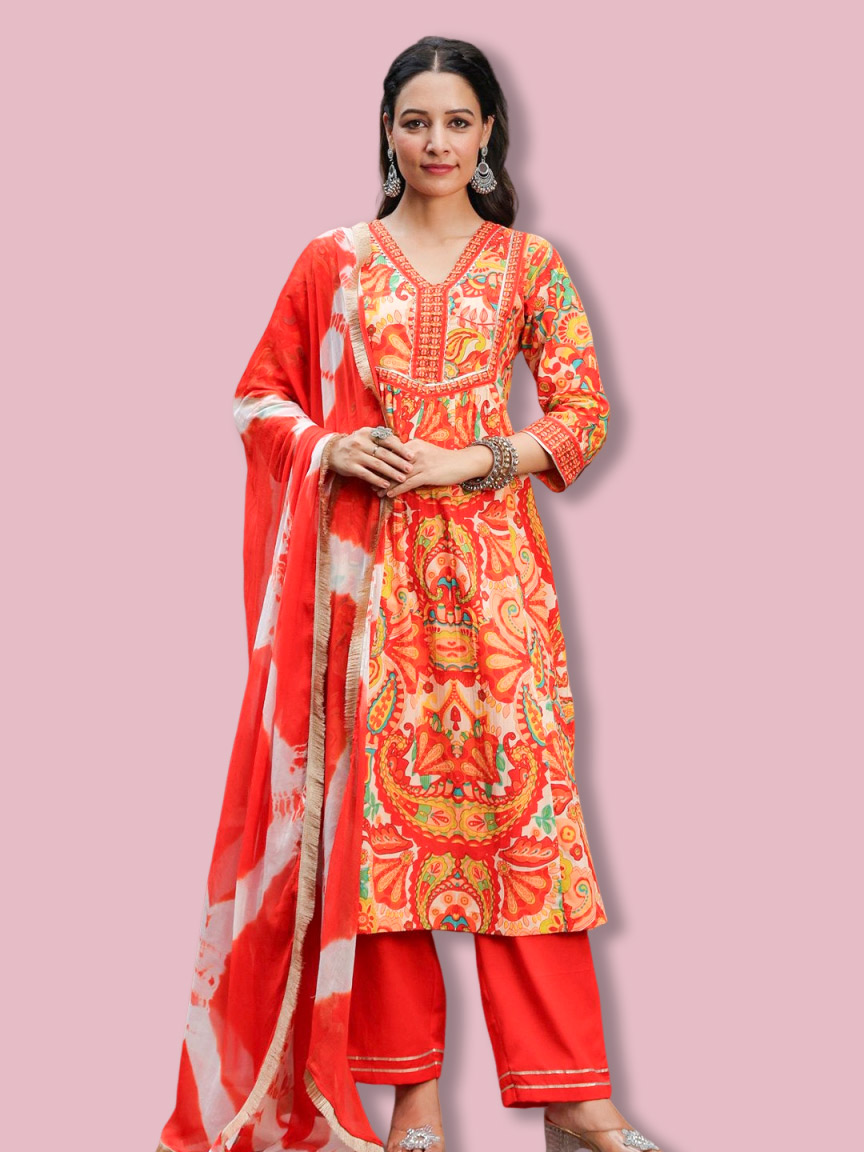 Printed Gota Patti Orange Suit With Contrast Dupatta Design