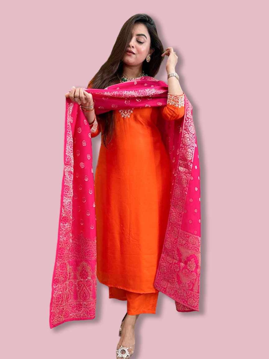 V-Neck Orange Suit Contrast Dupatta Design