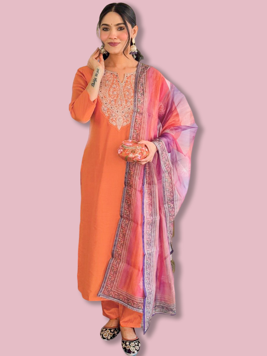 Yoke Orange Suit With Contrast Dupatta Design