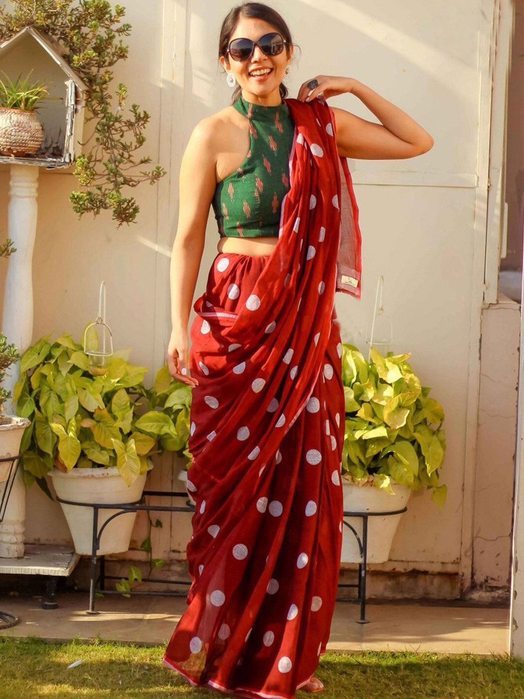 Block Print Red Polka Dot Saree Design