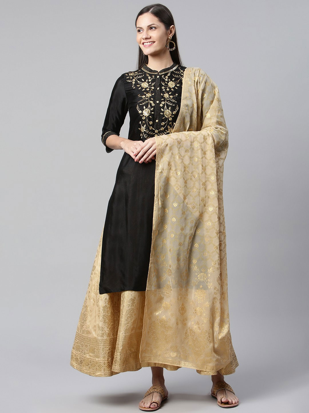 Embroidered Black Suit Contrast Dupatta Design