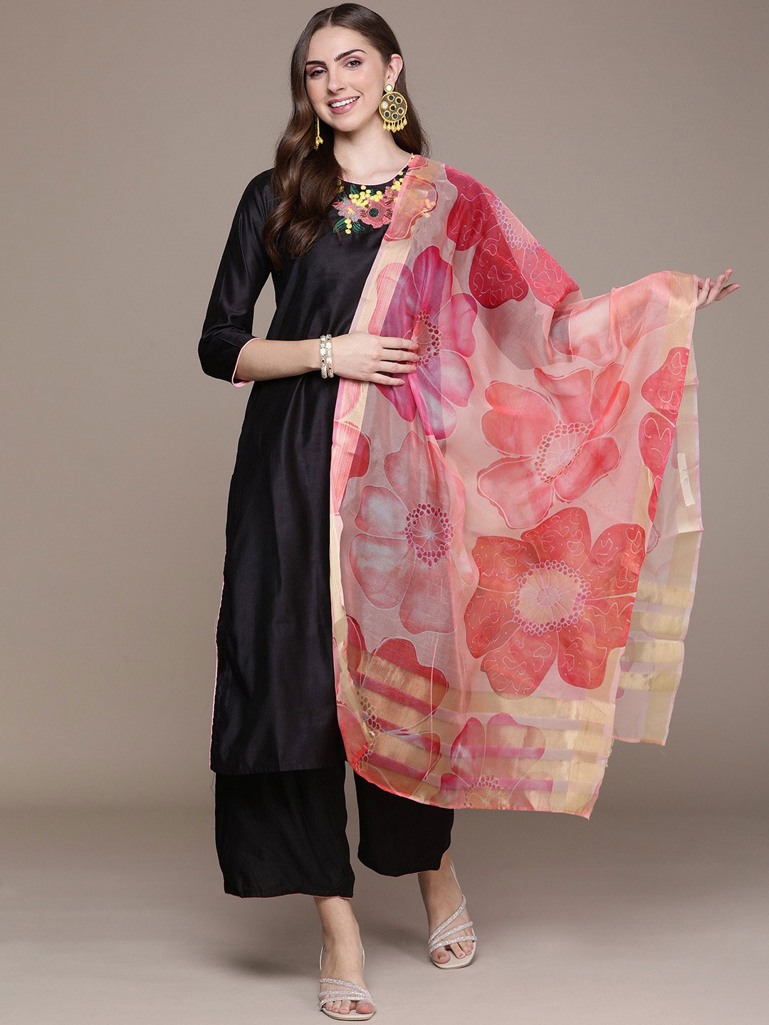 Floral Black Suit With Contrast Dupatta Design