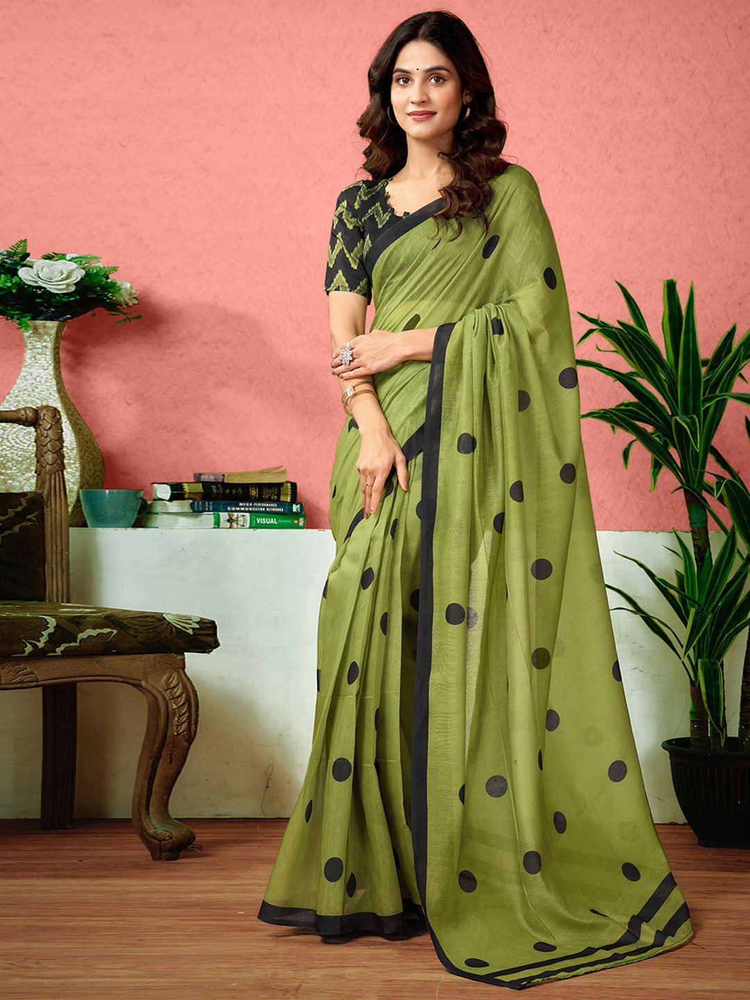 Green Polka Dot Saree Design