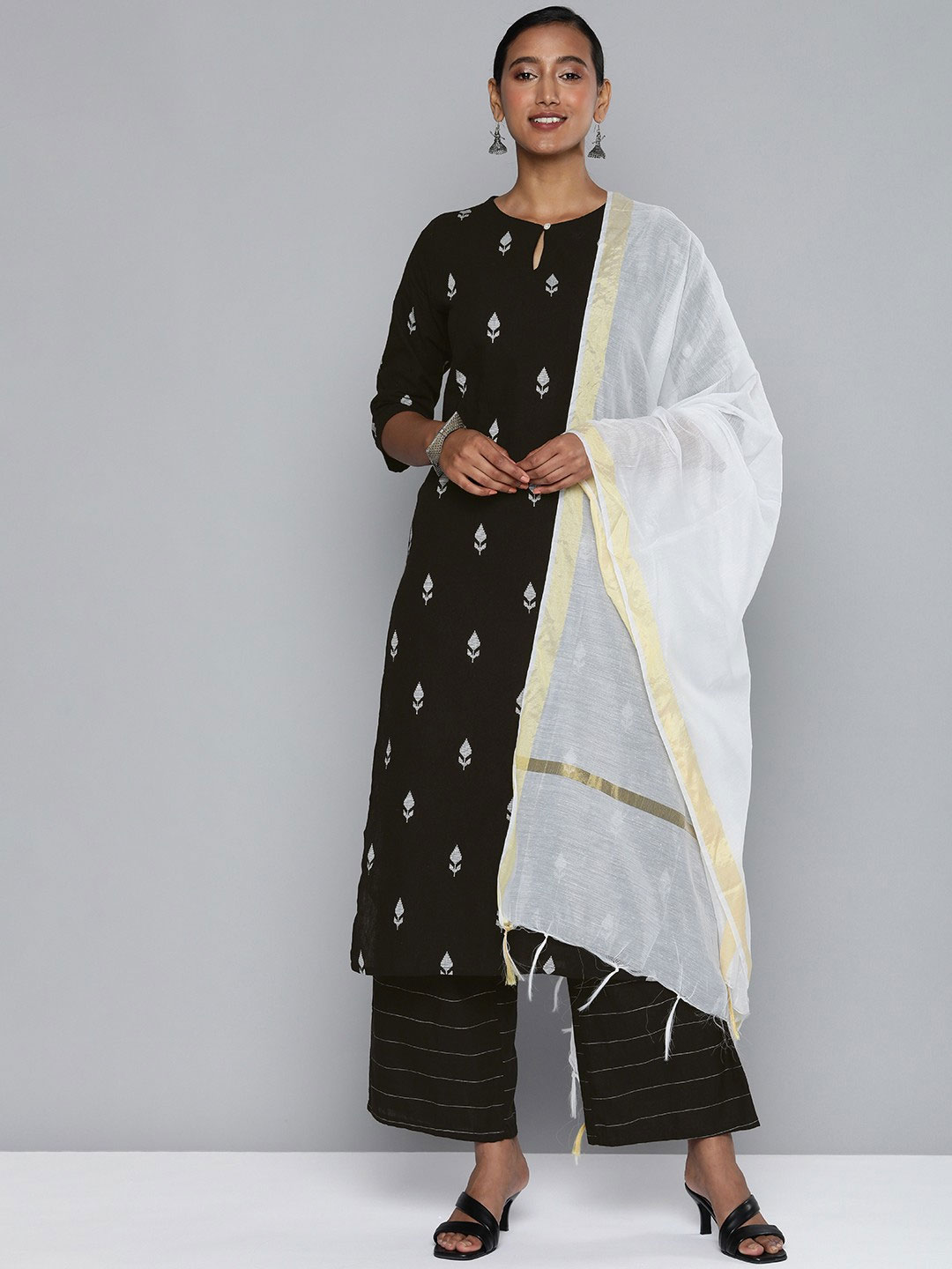 Printed Black Suit Contrast Dupatta Design