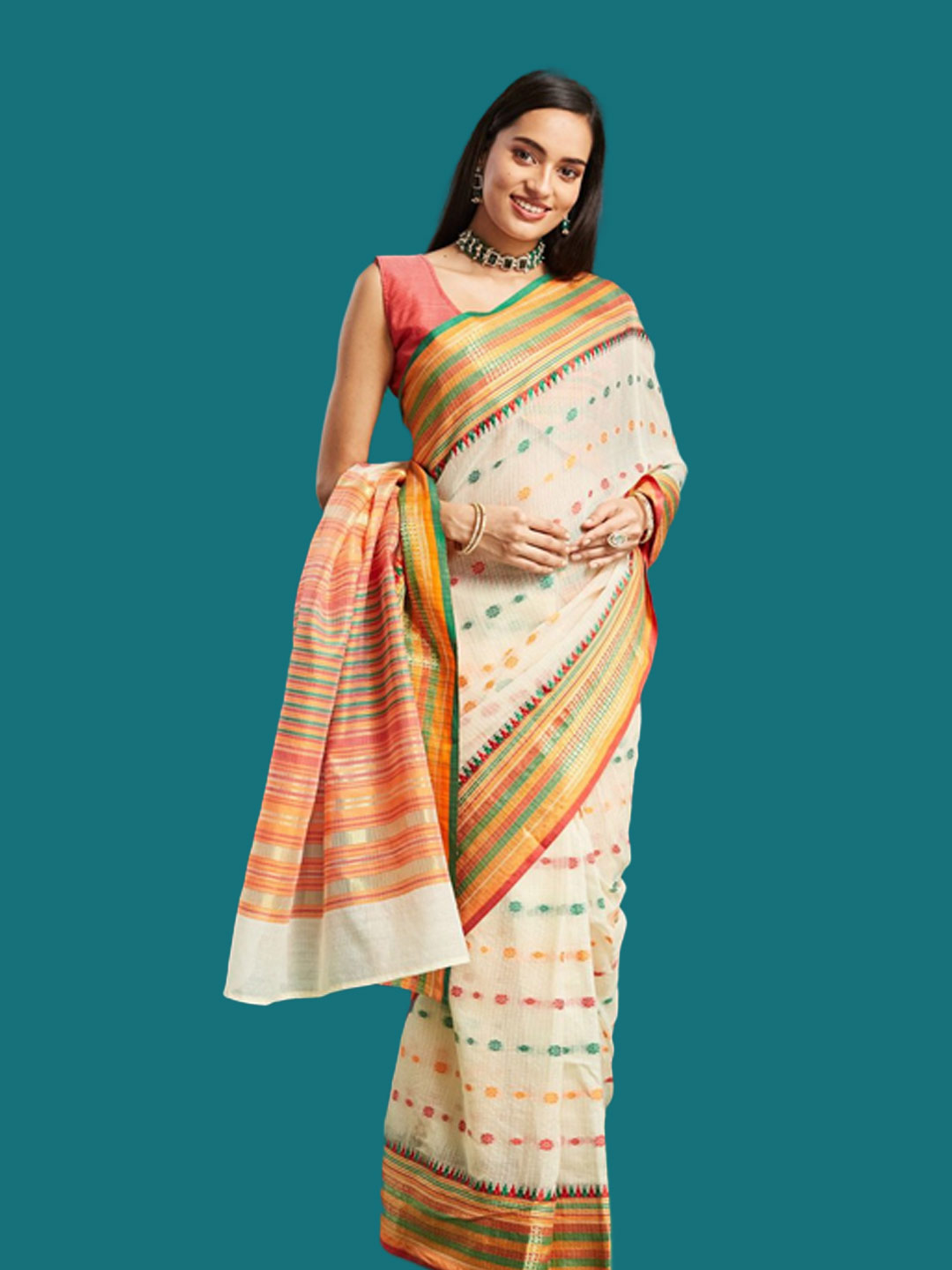 Pink Contrast Blouse Design With White Pattu Saree