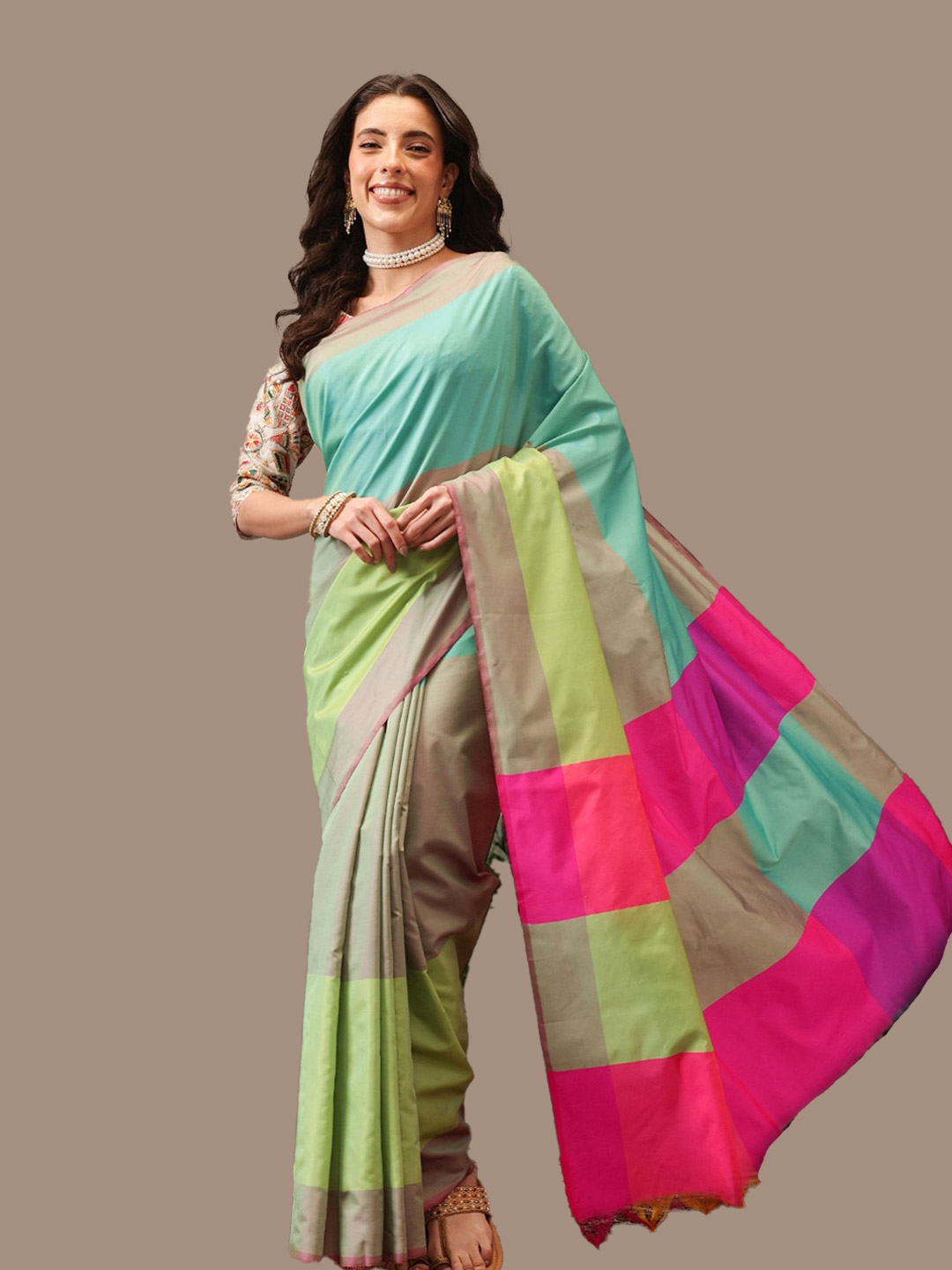 Printed Contrast Blouse Design With Multicolour Pattu Saree