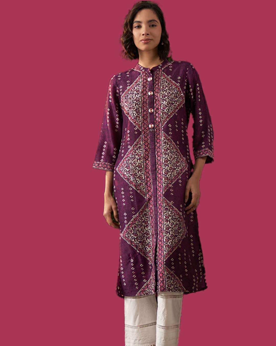 Deep Purple Printed Silk Straight Kurti