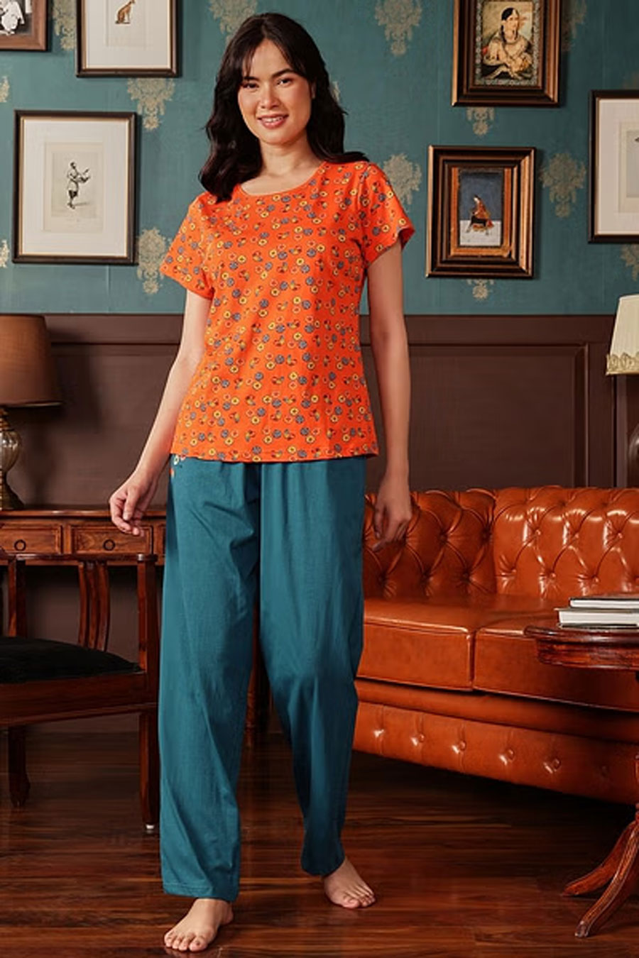 Doughnut Print Top & Pyjama Set In Orange