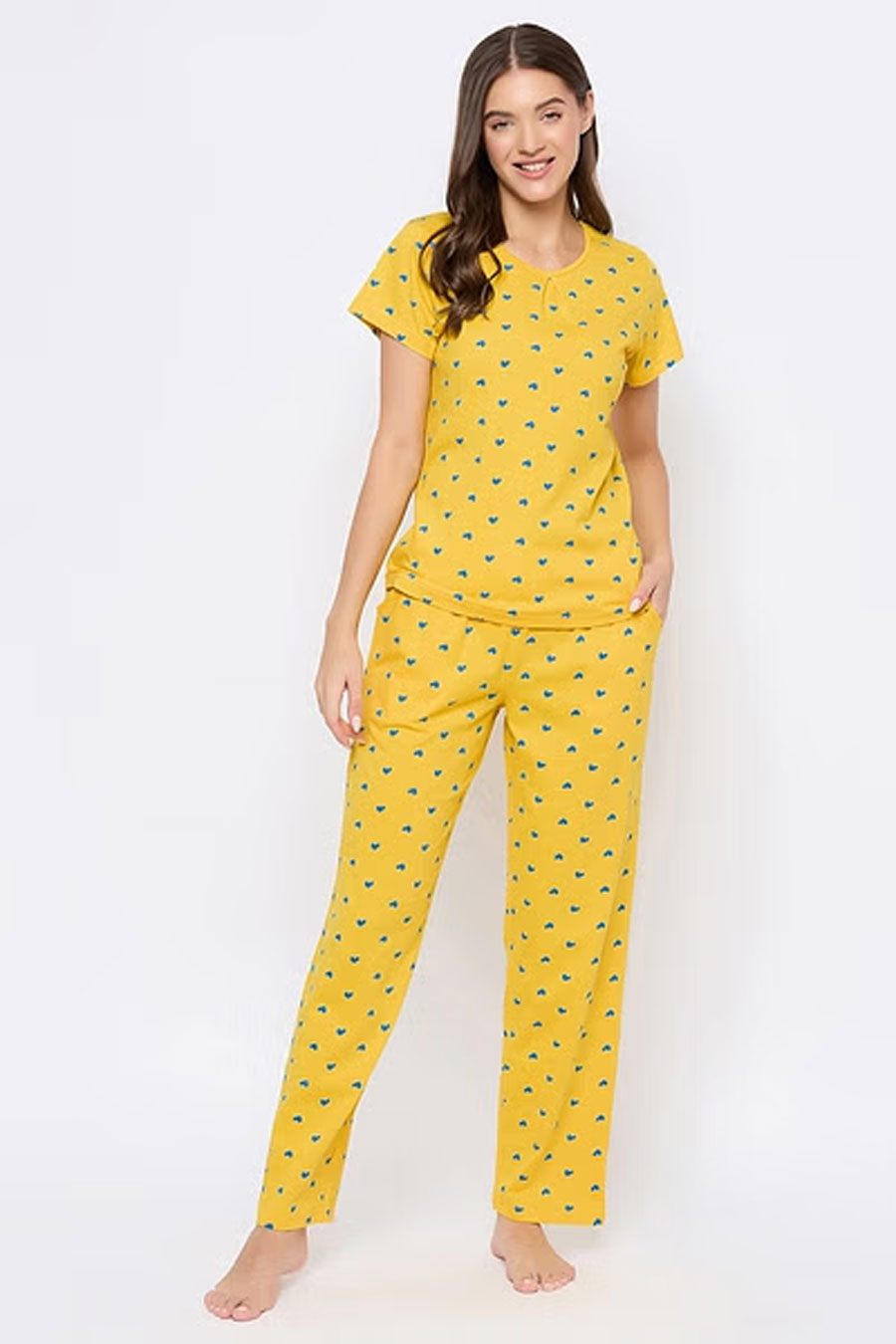 Heart Print Top & Pyjama Set In Yellow