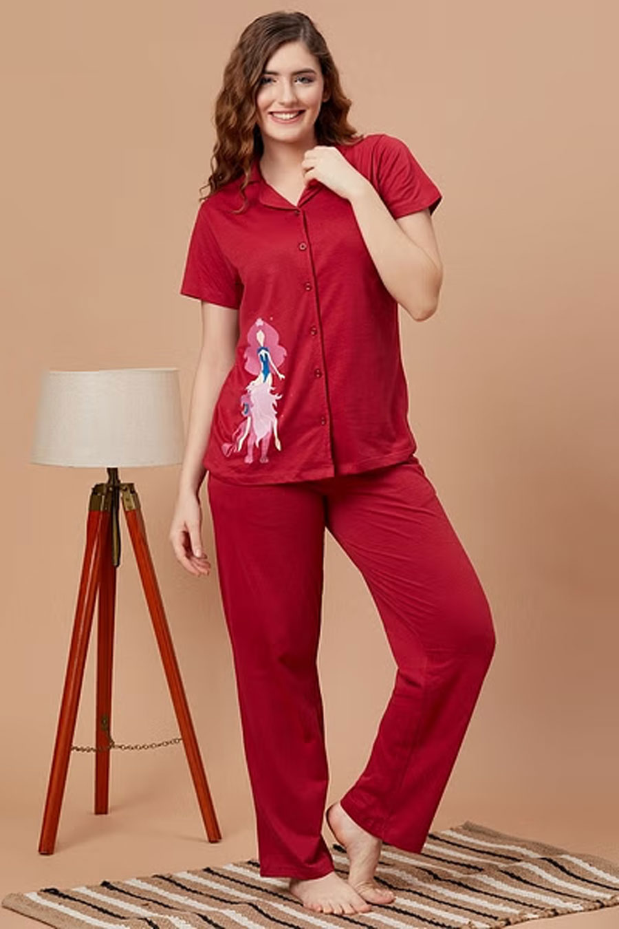 Leo Print Button Down Shirt & Pyjama Set In Maroon