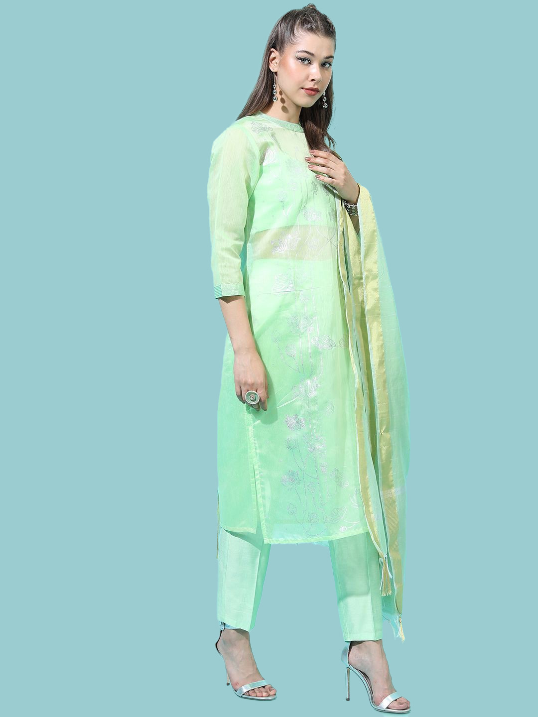 Collar Plain Cotton Kurta Set With Dupatta