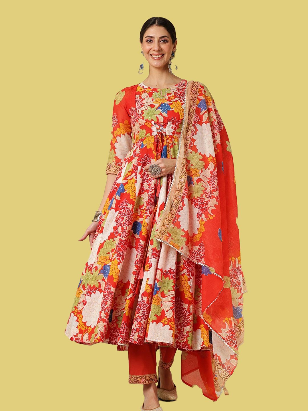 Floral Printed Plain Cotton Kurta Set