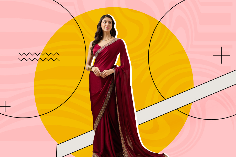 Red Satin Plain Saree Design