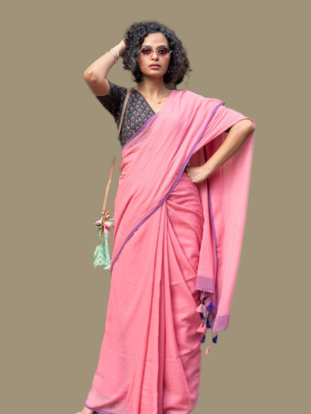 Printed Cotton Saree Contrast Blouse Design