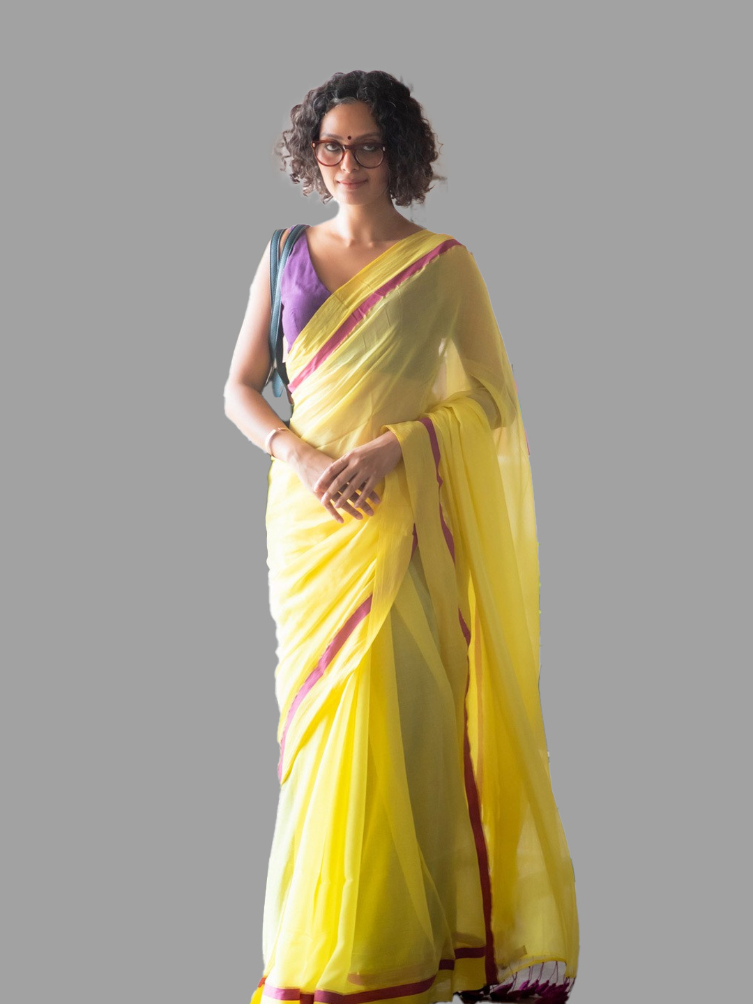 Purple Cotton Saree Contrast Blouse Design