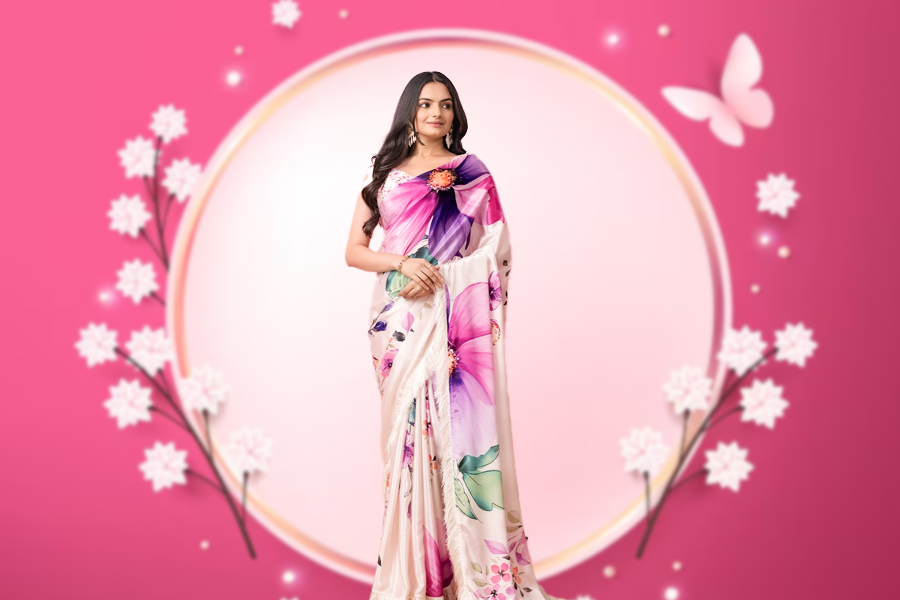 Floral Printed Silk Saree Design
