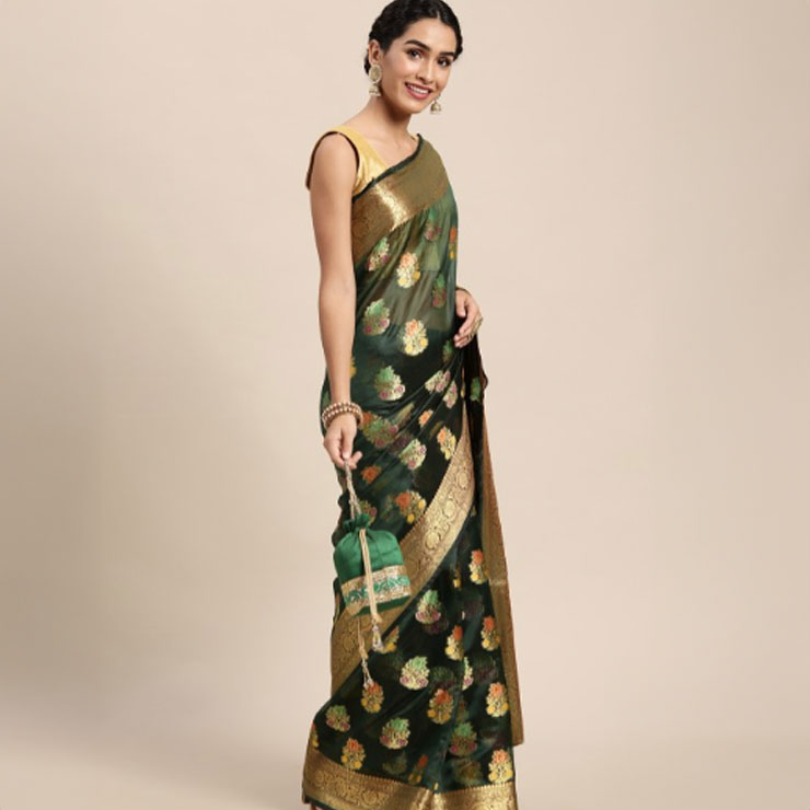 Green Floral Kanjivaram Organza Saree With Golden Contrast Blouse