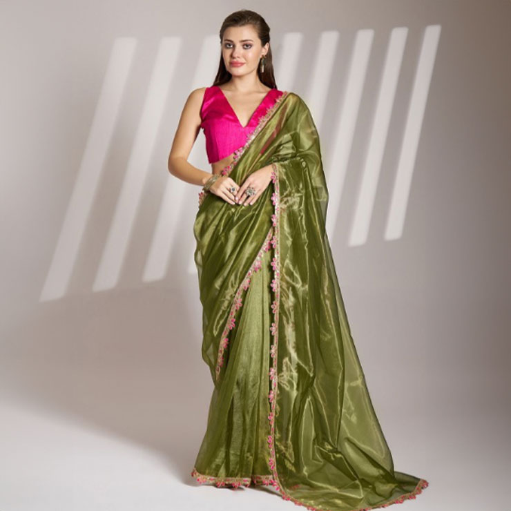 Green Organza Saree With Pink Contrast Blouse