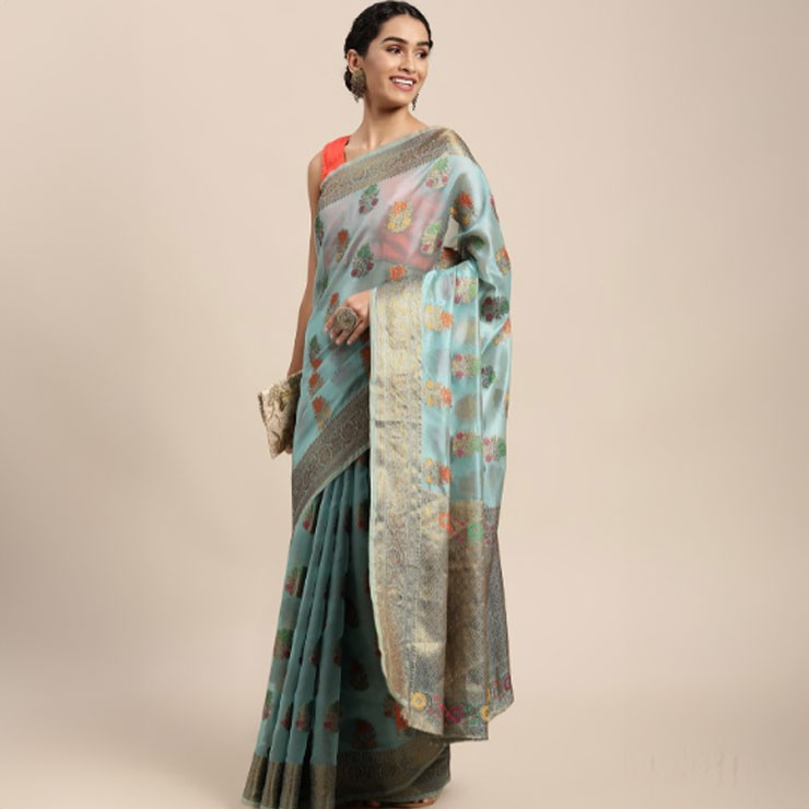 Light Blue Organza Saree With Orange Contrast Blouse