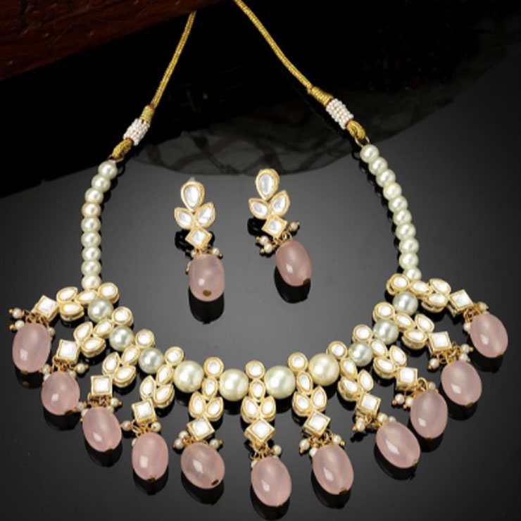 Pearl And Kundan Necklace With Pink Stones