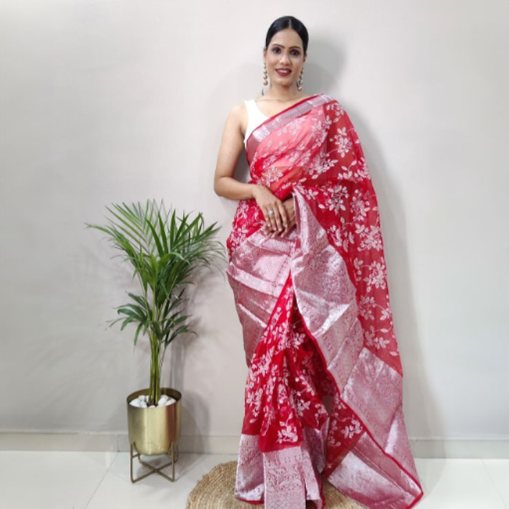 Red Organza Saree With White Contrast Blouse