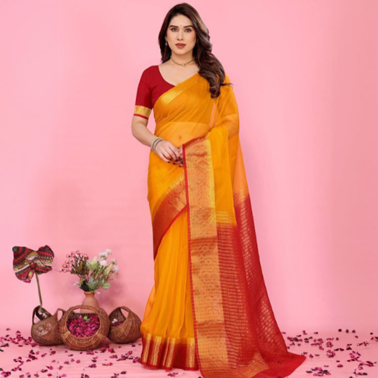 Yellow Organza Saree With Red Contrast Blouse