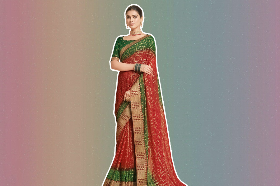 Red Plain Saree With Green Contrast Blouse Design