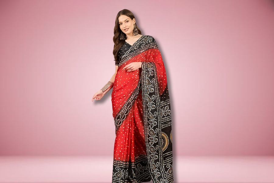 Bandhani Red Saree With Black Contrast Blouse Design