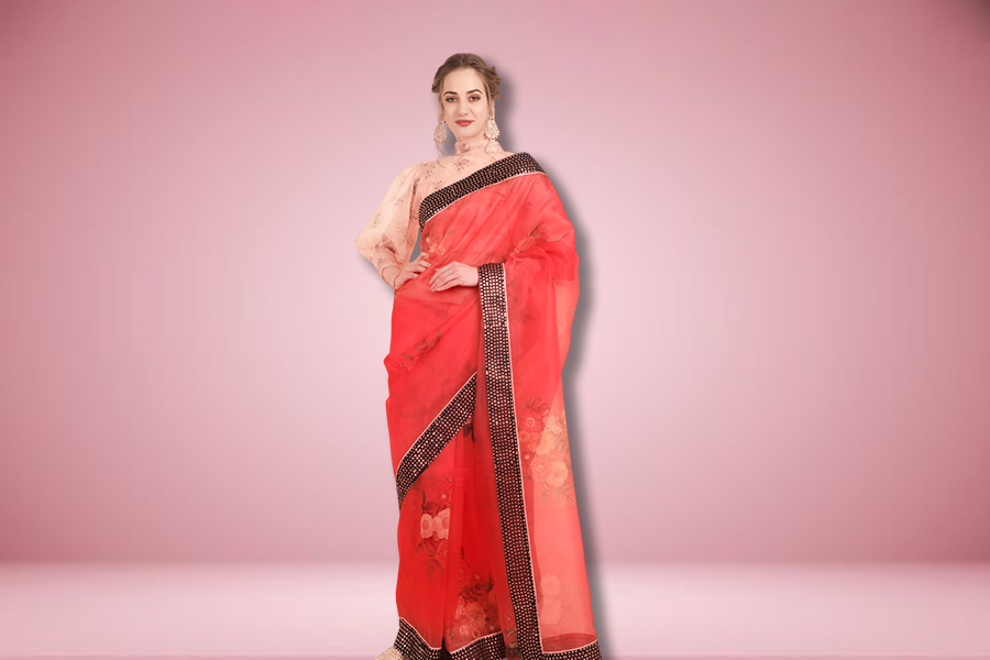 Organza Red Saree With Puff Sleeve Contrast Blouse Design