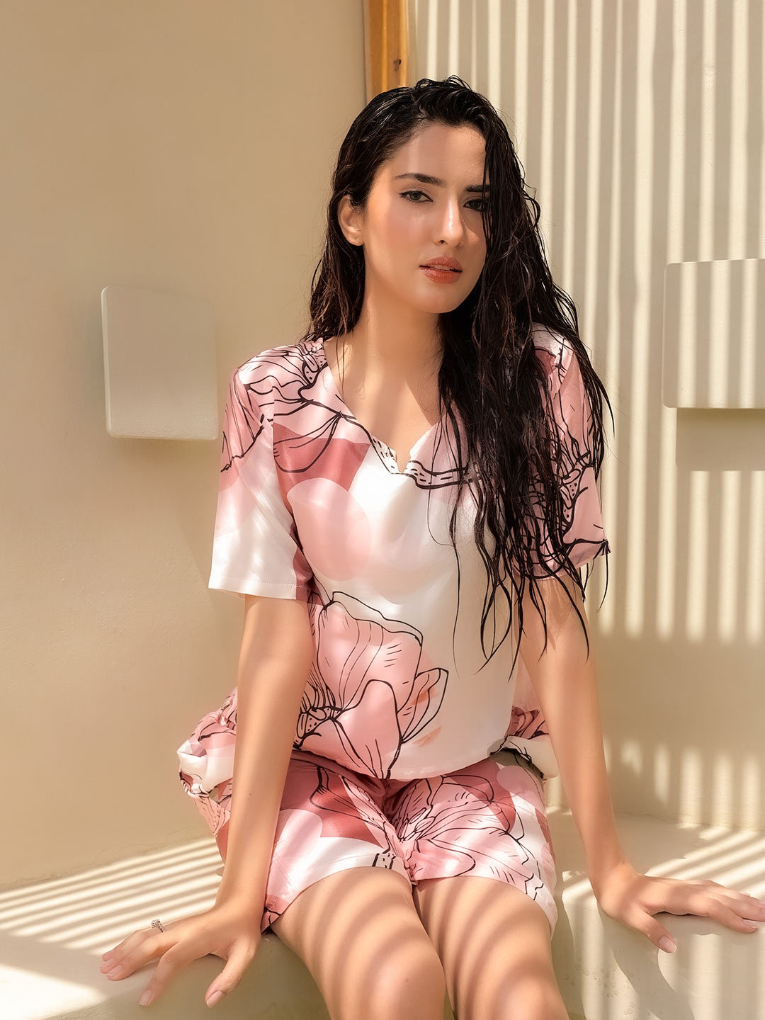 Abstract Printed Silk Pajama Set