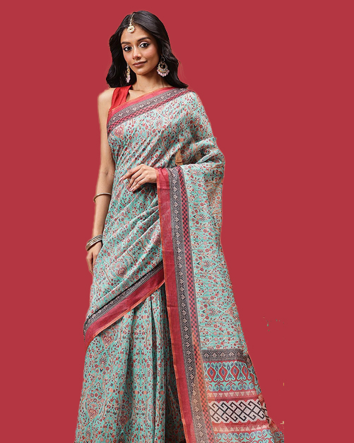 Floral Printed Chanderi Cotton Saree Design