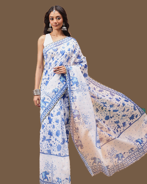 Printed White Chanderi Cotton Saree Design