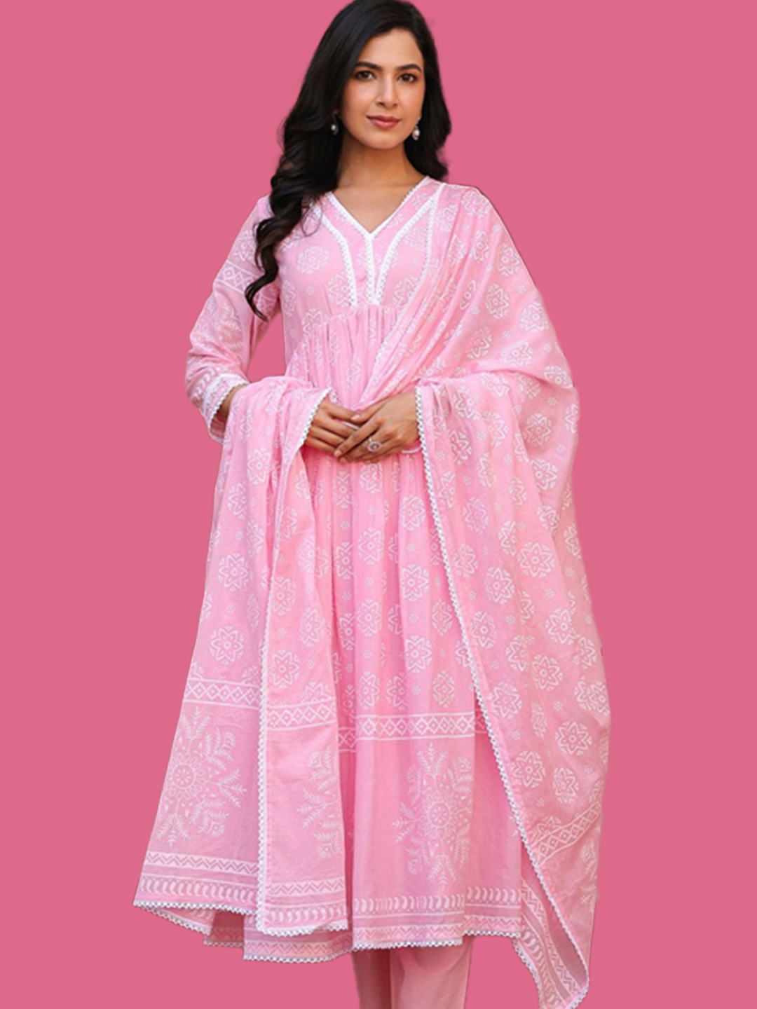 Floral Printed Pink Plain Suit Design