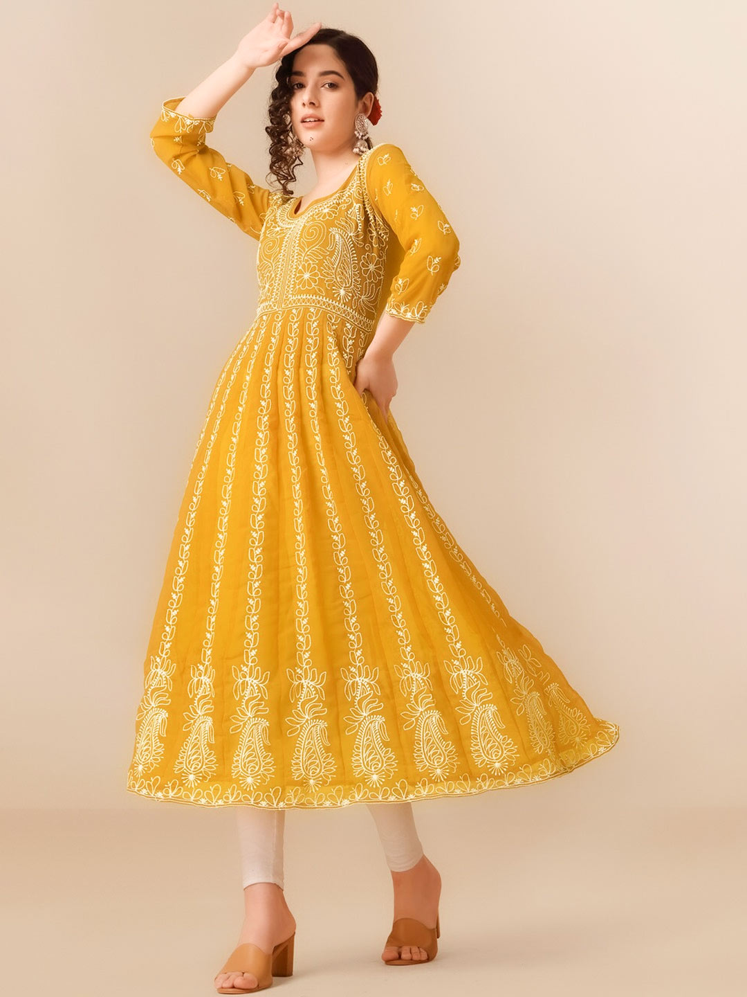 Anarkali Yellow Chikankari Kurti Design
