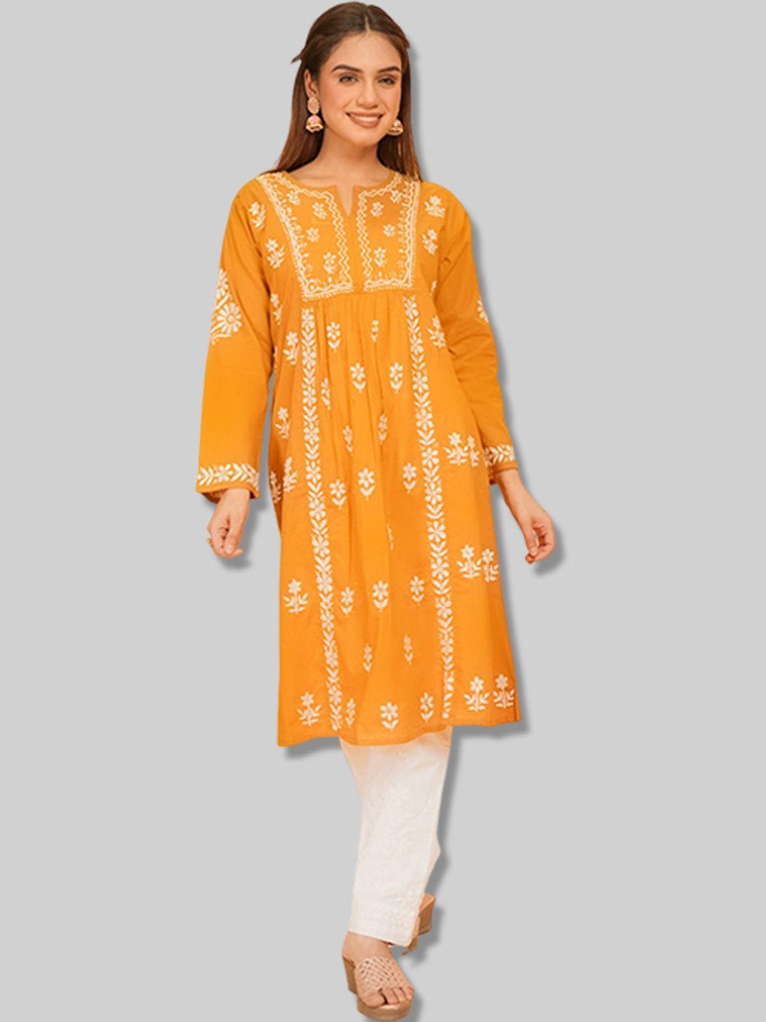 Cotton Yellow Chikankari Kurti Design