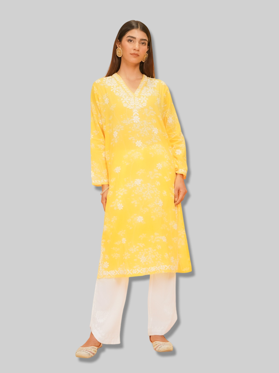 Floral Yellow Chikankari Kurti Design
