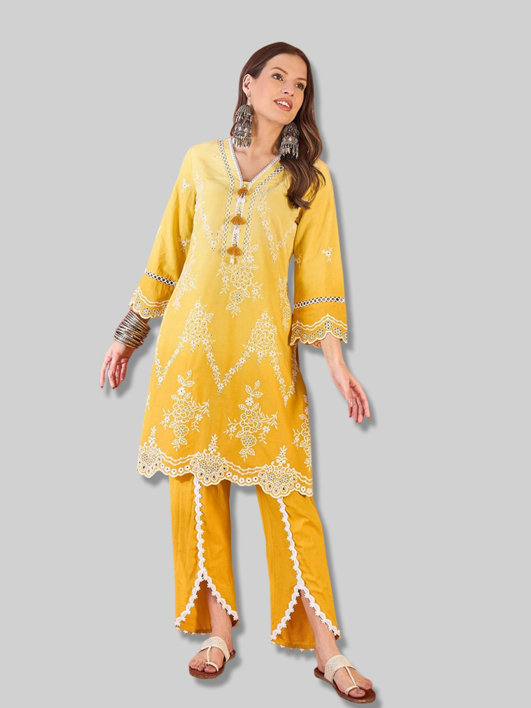 V Neck Yellow Chikankari Kurti Design