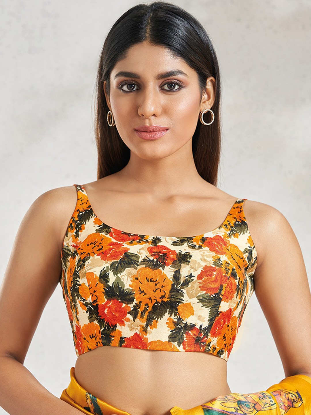 Floral Printed Yellow Contrast Blouse Design