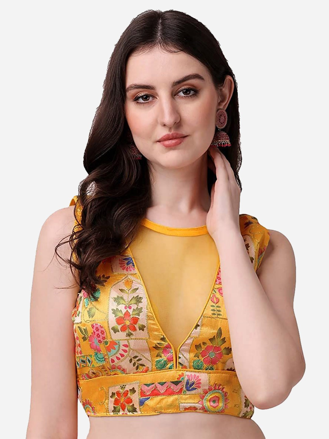 V Neck Yellow Contrast Blouse Design