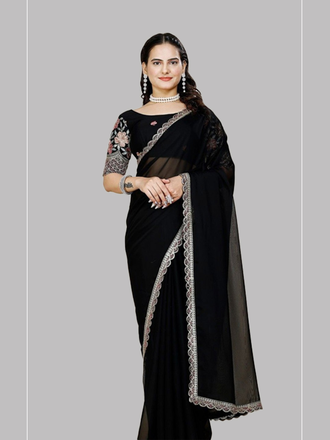 Black Plain Chiffon Saree With Heavy Blouse